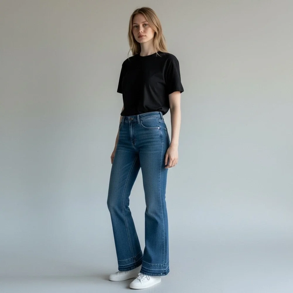 J.CREW Denim‎ Wide Flare Leg Jeans Womens 29 Blue High Rise Raw Hem Boho Coastal